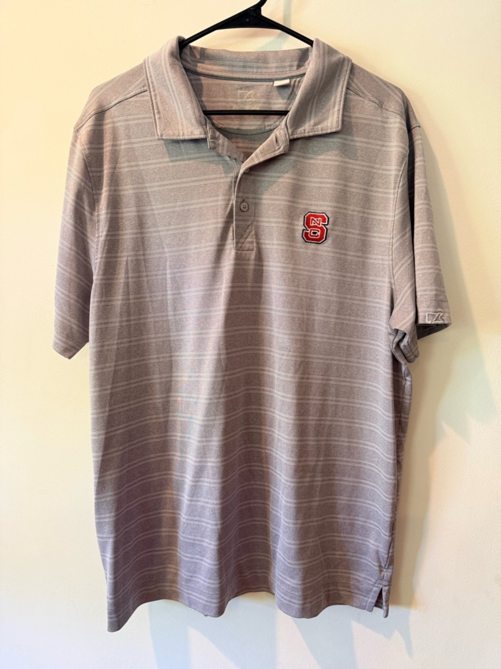 Cutter & Buck NC State Light Gray Striped Polo with Red Embroidered Logo